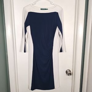 Lauren Ralph Lauren Navy & White Colorblock Dress Women's 10 Ruched Cocktail